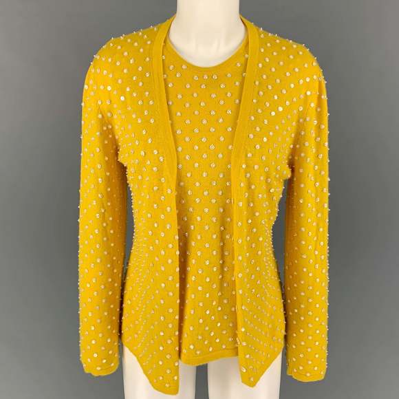 OSCAR DE LA RENTA Yellow Cashmere Beaded Open Front Cardigan - Picture 5 of 5